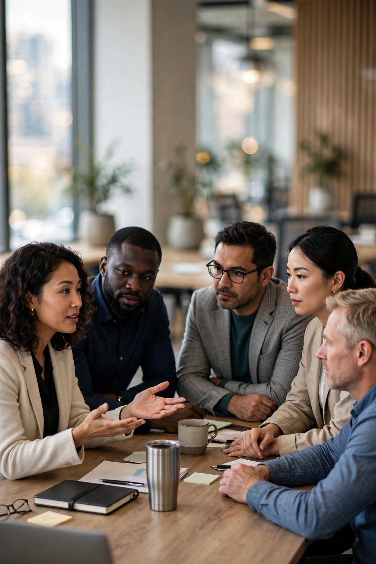 Équipe en discussion autour d'une table pendant une session en gestion de conflits